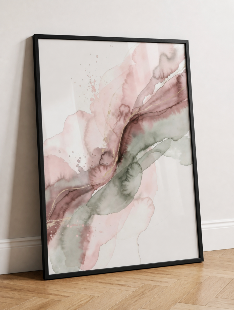 Blush Pink and Sage Green Abstract Watercolor Wall Art Print