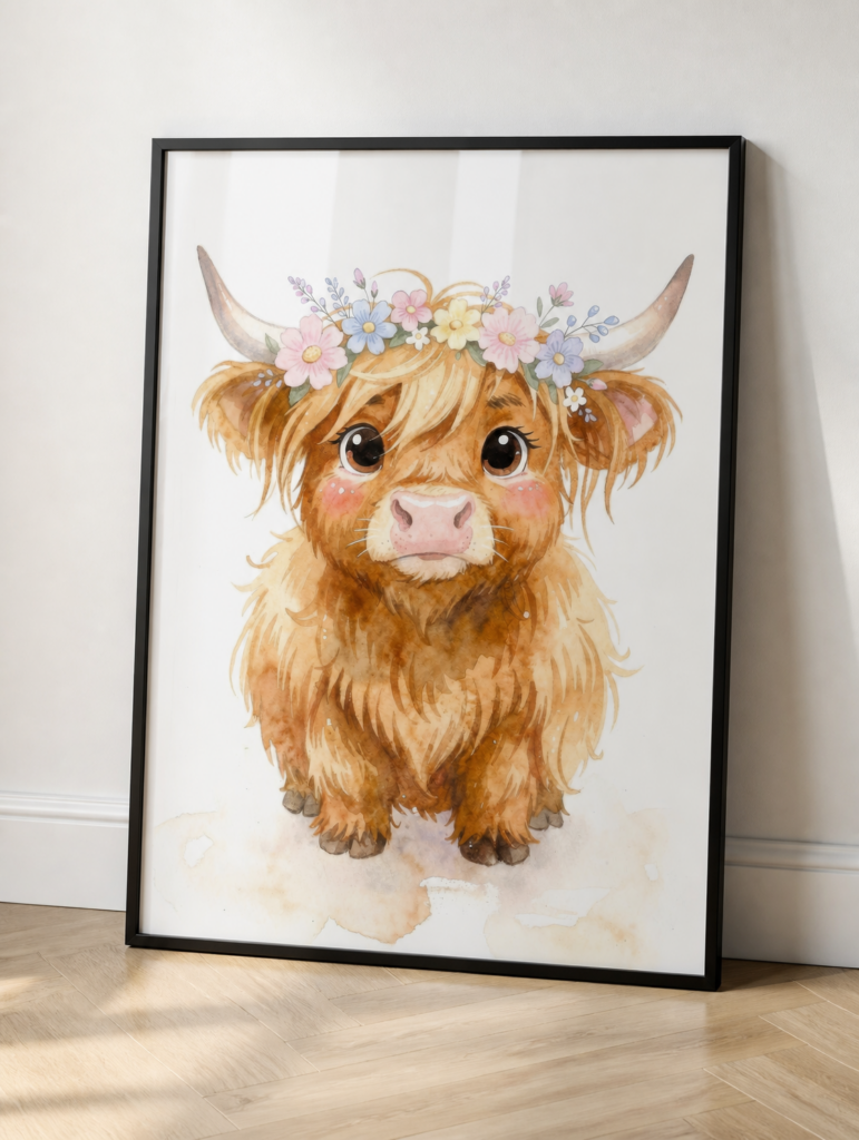 Baby Highland Cow with Flower Crown Watercolor Wall Art Print