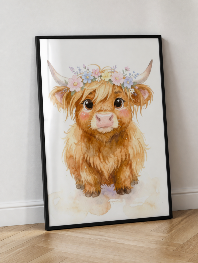 Baby Highland Cow with Flower Crown Watercolor Wall Art Print
