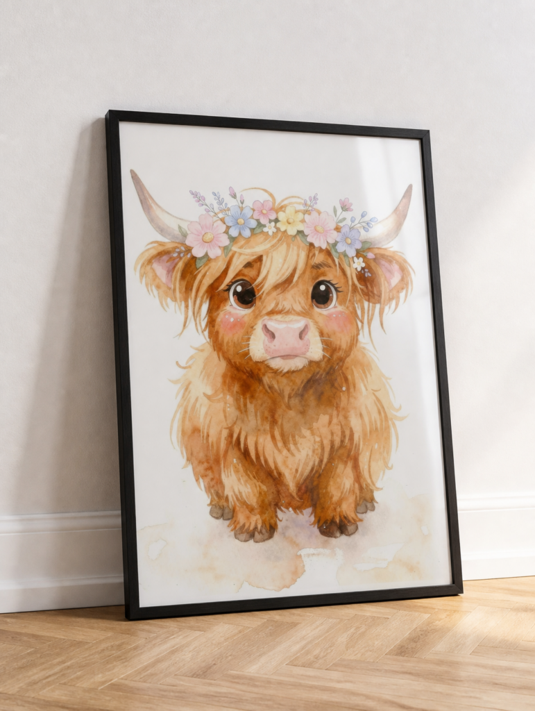 Baby Highland Cow with Flower Crown Watercolor Wall Art Print