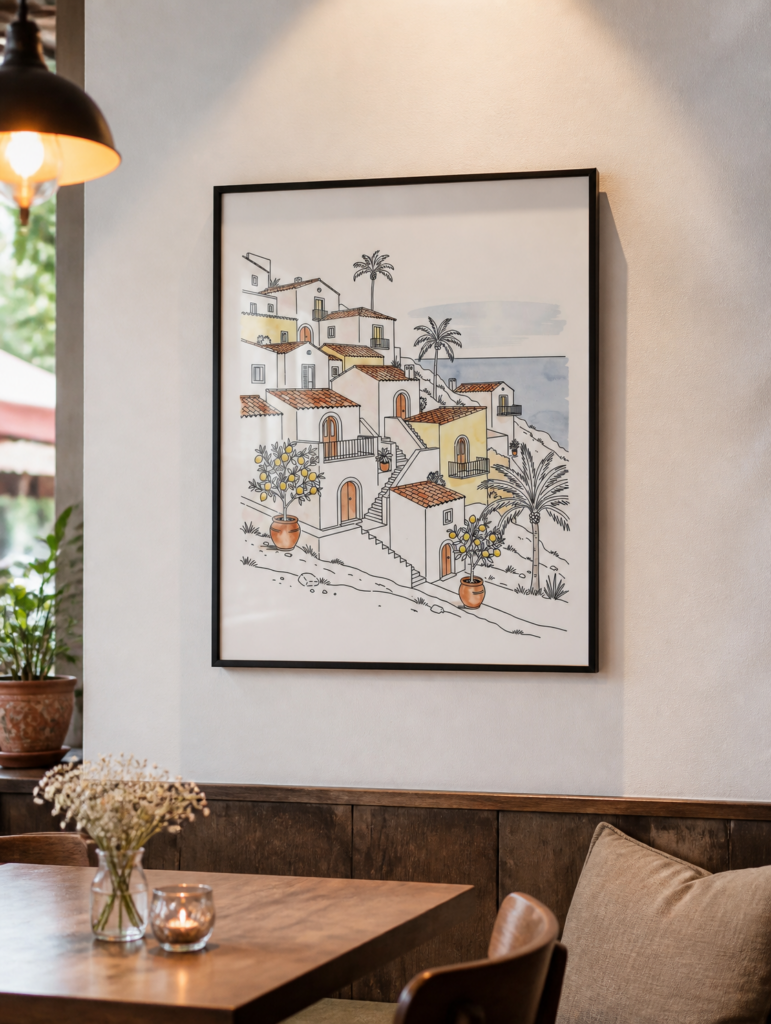 Mediterranean Coastal Village Watercolor Art Print - Italian Hillside Town Wall Decor