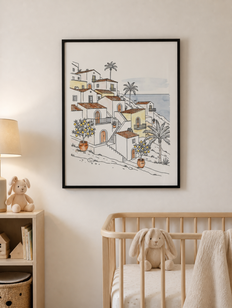Mediterranean Coastal Village Watercolor Art Print - Italian Hillside Town Wall Decor
