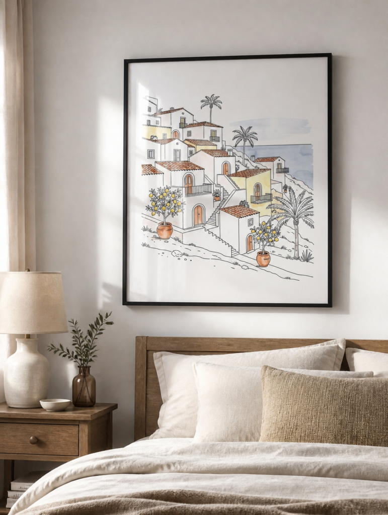 Mediterranean Coastal Village Watercolor Art Print - Italian Hillside Town Wall Decor