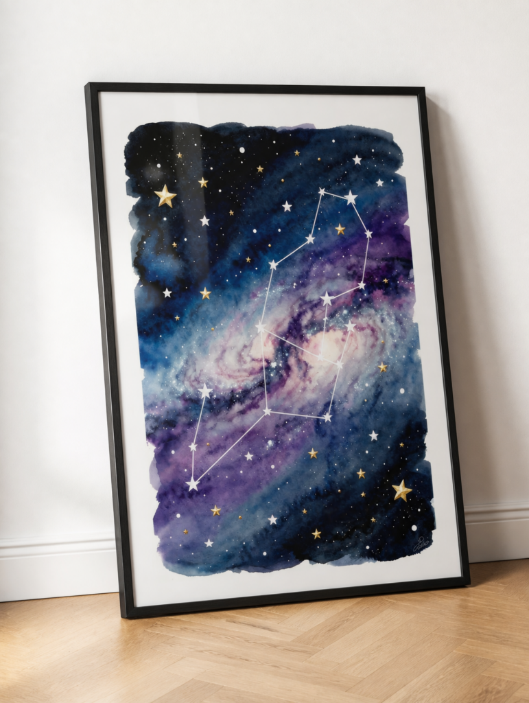 Gemini Constellation Watercolor Wall Art Print | Celestial Galaxy Night Sky Painting