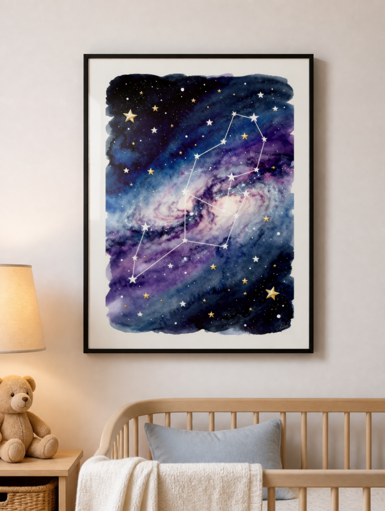 Gemini Constellation Watercolor Wall Art Print | Celestial Galaxy Night Sky Painting