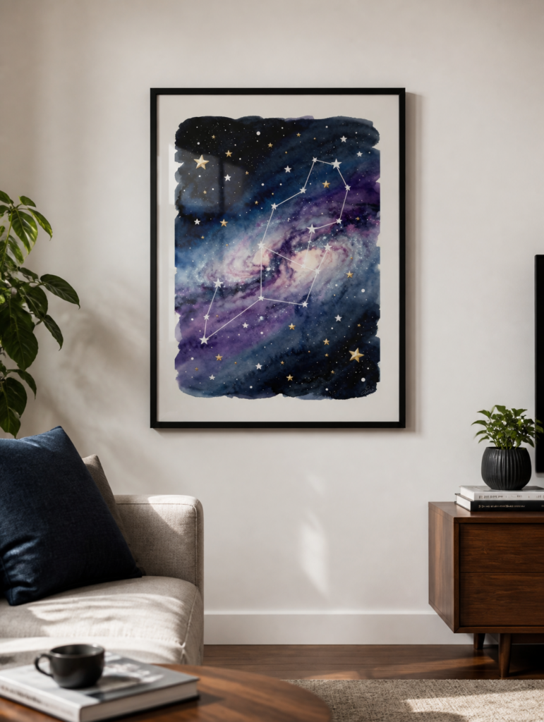 Gemini Constellation Watercolor Wall Art Print | Celestial Galaxy Night Sky Painting