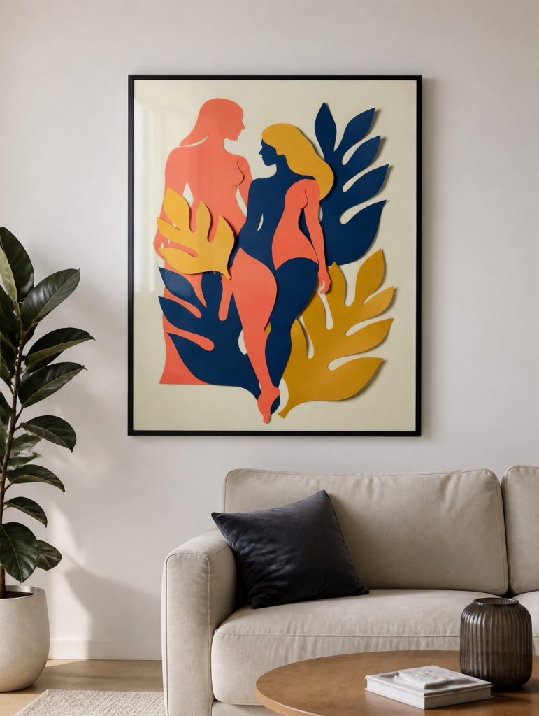 Matisse Inspired Paper Cut-Out Art Print - Female Silhouettes with Tropical Leaves Wall Art