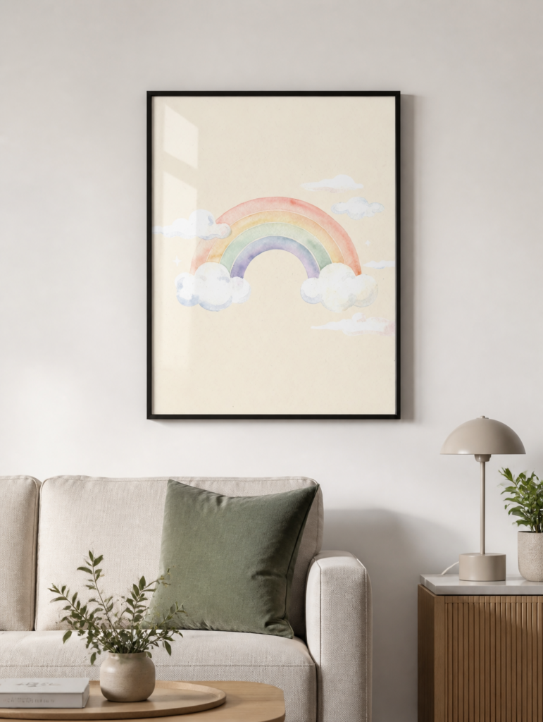Pastel Watercolor Rainbow Nursery Wall Art Print | Soft Cloud Illustration