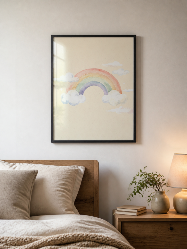Pastel Watercolor Rainbow Nursery Wall Art Print | Soft Cloud Illustration