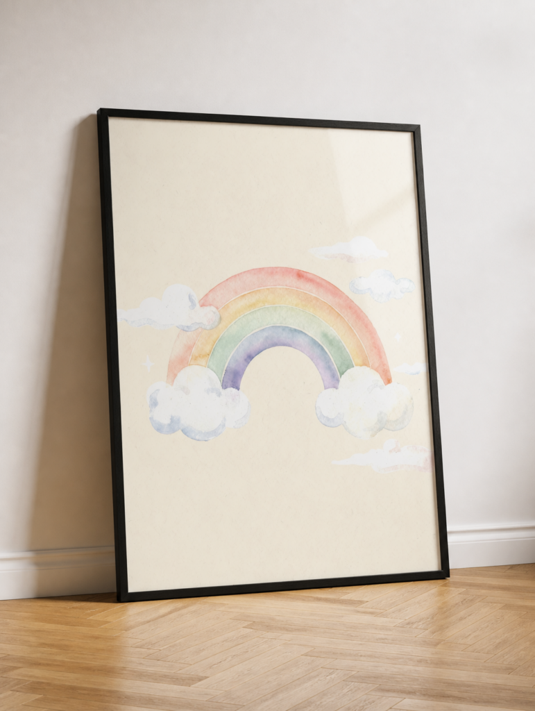 Pastel Watercolor Rainbow Nursery Wall Art Print | Soft Cloud Illustration