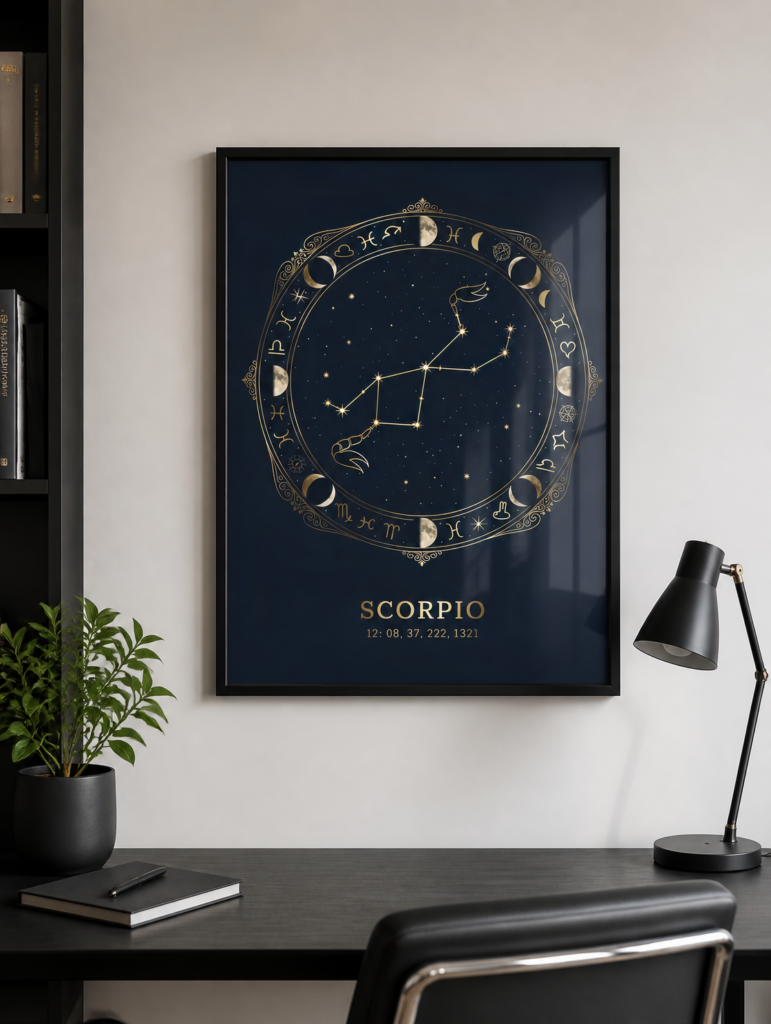 Scorpio Zodiac Constellation Wall Art Print - Celestial Gold Navy Astrology Poster