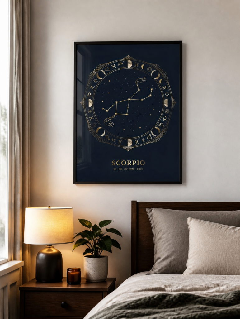 Scorpio Zodiac Constellation Wall Art Print - Celestial Gold Navy Astrology Poster