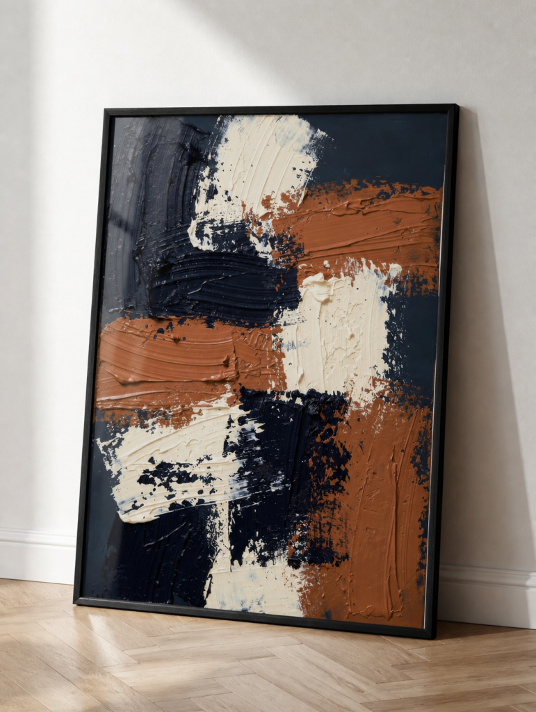 Navy and Cognac Abstract Impasto Painting | Modern Textured Wall Art Print