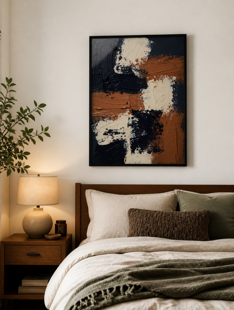 Navy and Cognac Abstract Impasto Painting | Modern Textured Wall Art Print