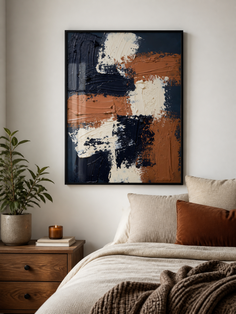 Navy and Cognac Abstract Impasto Painting | Modern Textured Wall Art Print