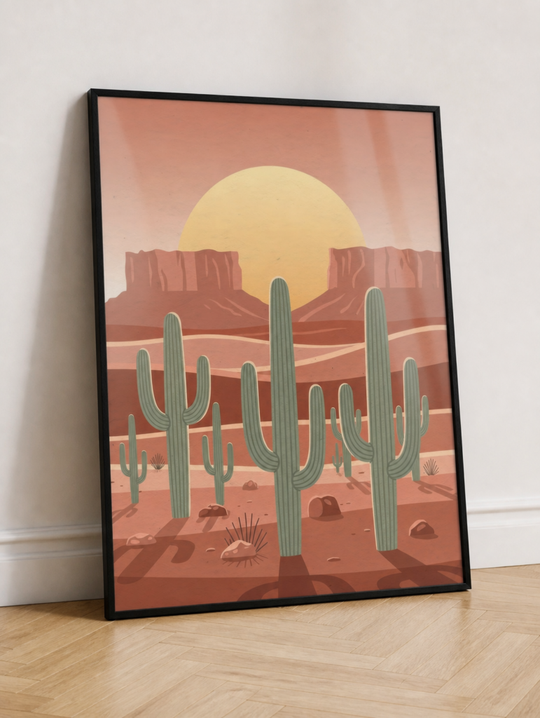 Desert Sunset Saguaro Cactus Wall Art Print - Southwestern Landscape Illustration