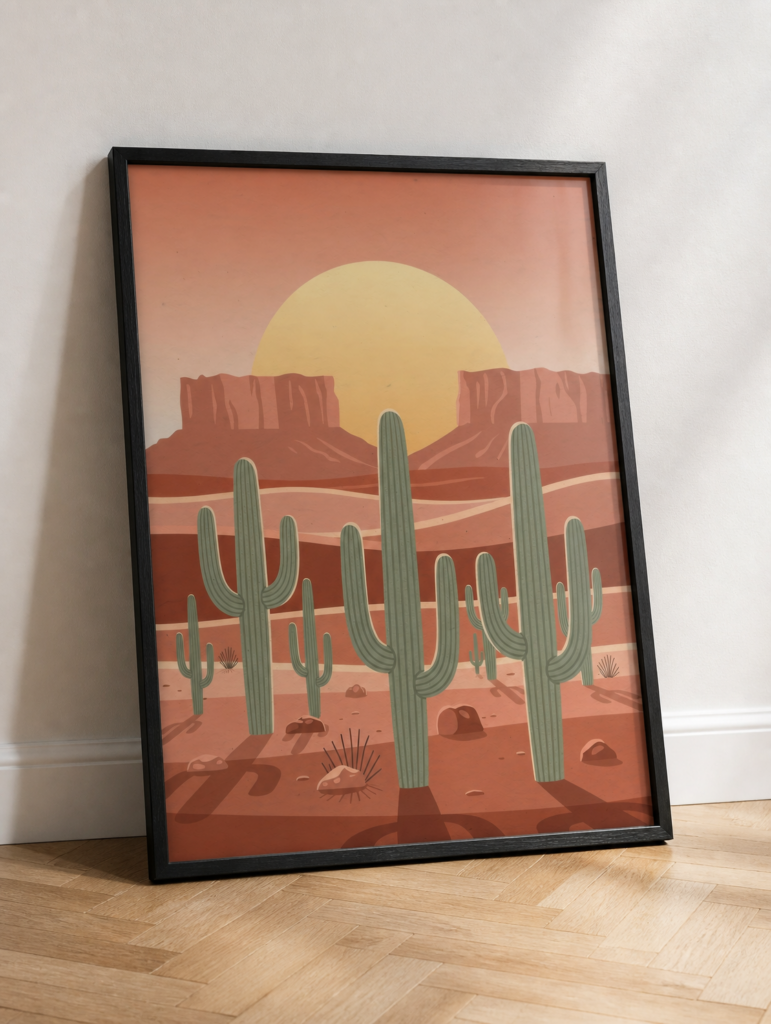 Desert Sunset Saguaro Cactus Wall Art Print - Southwestern Landscape Illustration