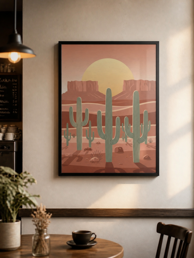 Desert Sunset Saguaro Cactus Wall Art Print - Southwestern Landscape Illustration