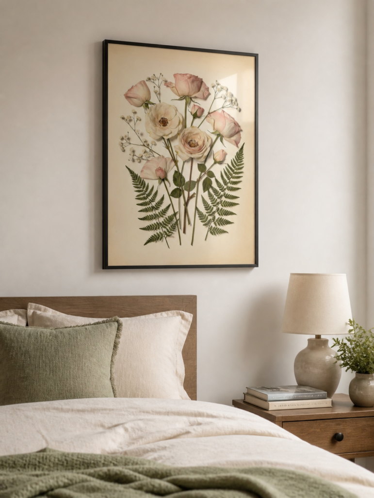 Vintage Pressed Flower Botanical Art Print - Pink Roses and Ferns Herbarium Wall Art
