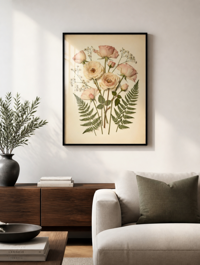 Vintage Pressed Flower Botanical Art Print - Pink Roses and Ferns Herbarium Wall Art