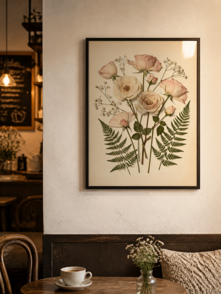 Vintage Pressed Flower Botanical Art Print - Pink Roses and Ferns Herbarium Wall Art