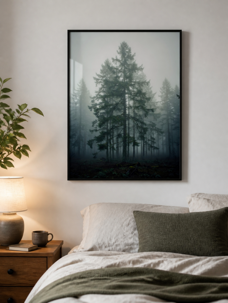 Misty Pine Forest Wall Art Print - Foggy Evergreen Trees Moody Nature Photography