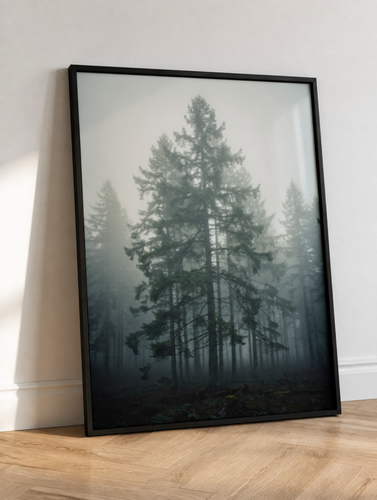 Misty Pine Forest Wall Art Print - Foggy Evergreen Trees Moody Nature Photography
