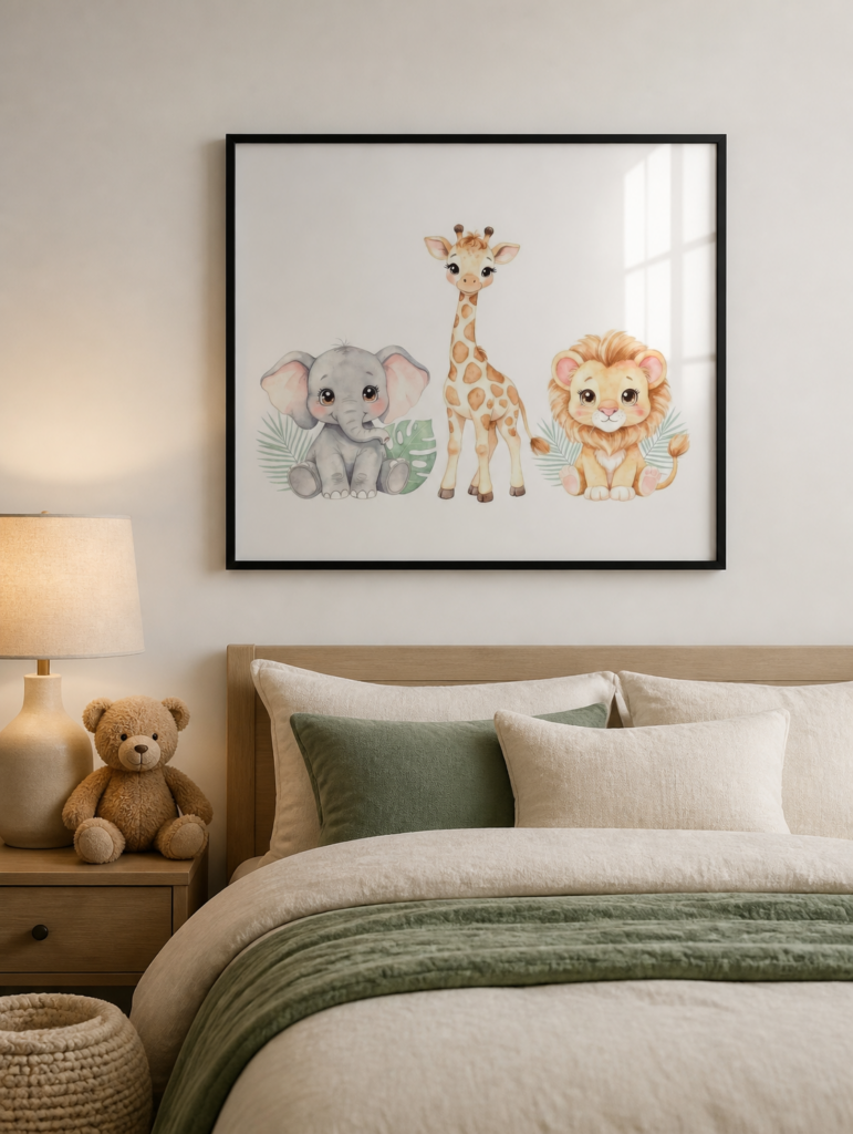 Baby Safari Animals Nursery Wall Art - Watercolor Elephant Giraffe Lion Print