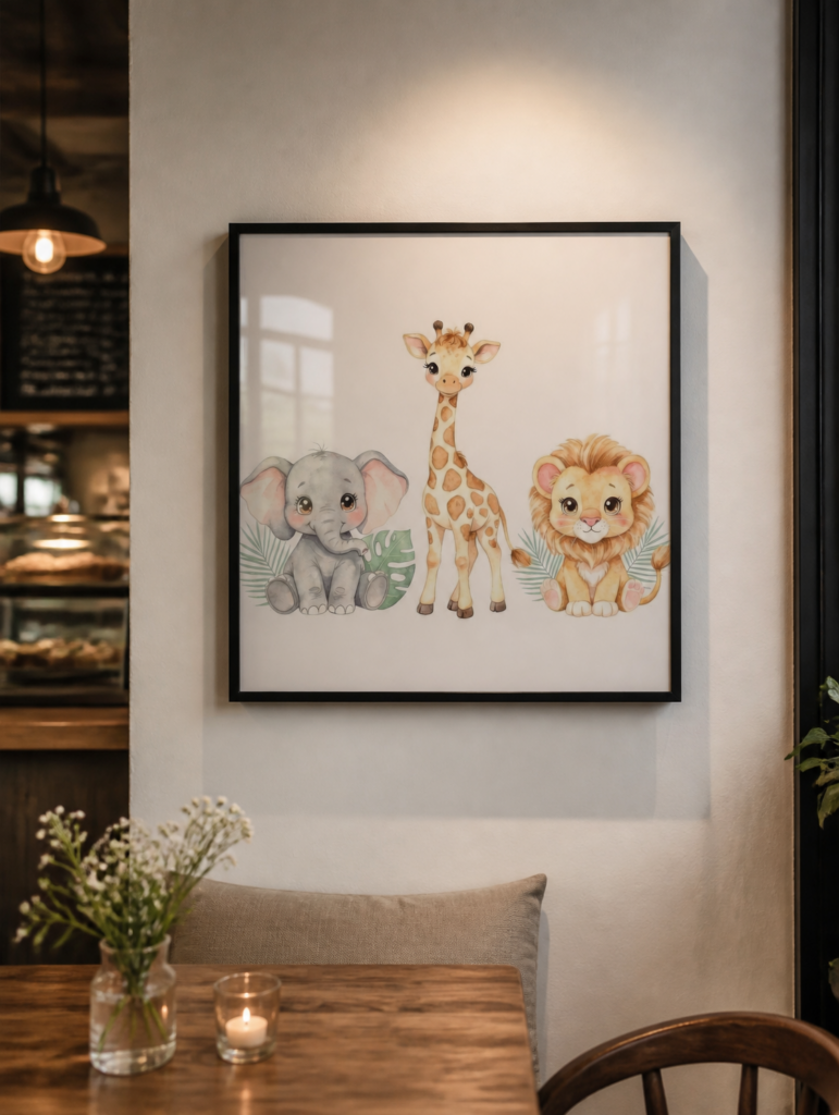 Baby Safari Animals Nursery Wall Art - Watercolor Elephant Giraffe Lion Print