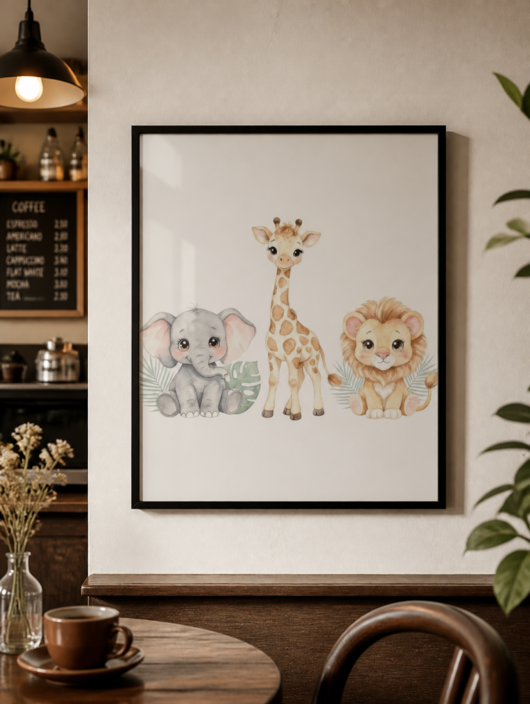 Baby Safari Animals Nursery Wall Art - Watercolor Elephant Giraffe Lion Print