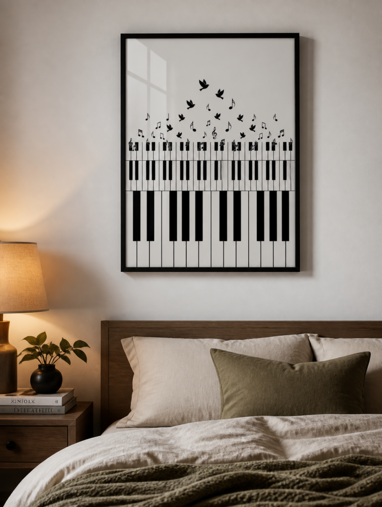 Piano Keys and Birds Wall Art Print - Black and White Music Poster