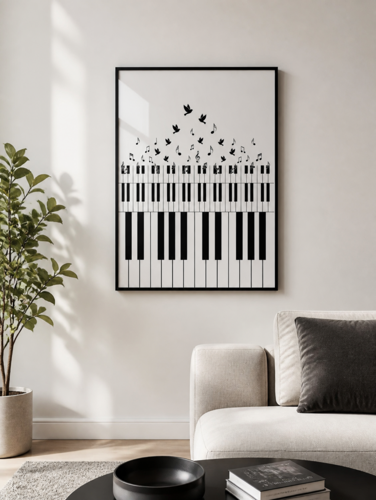Piano Keys and Birds Wall Art Print - Black and White Music Poster