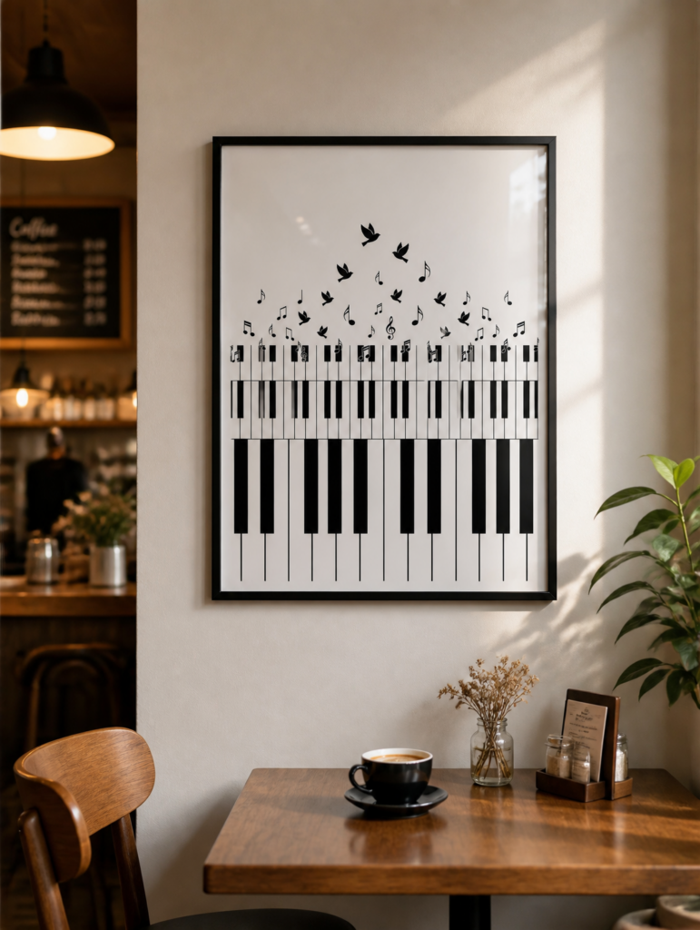 Piano Keys and Birds Wall Art Print - Black and White Music Poster