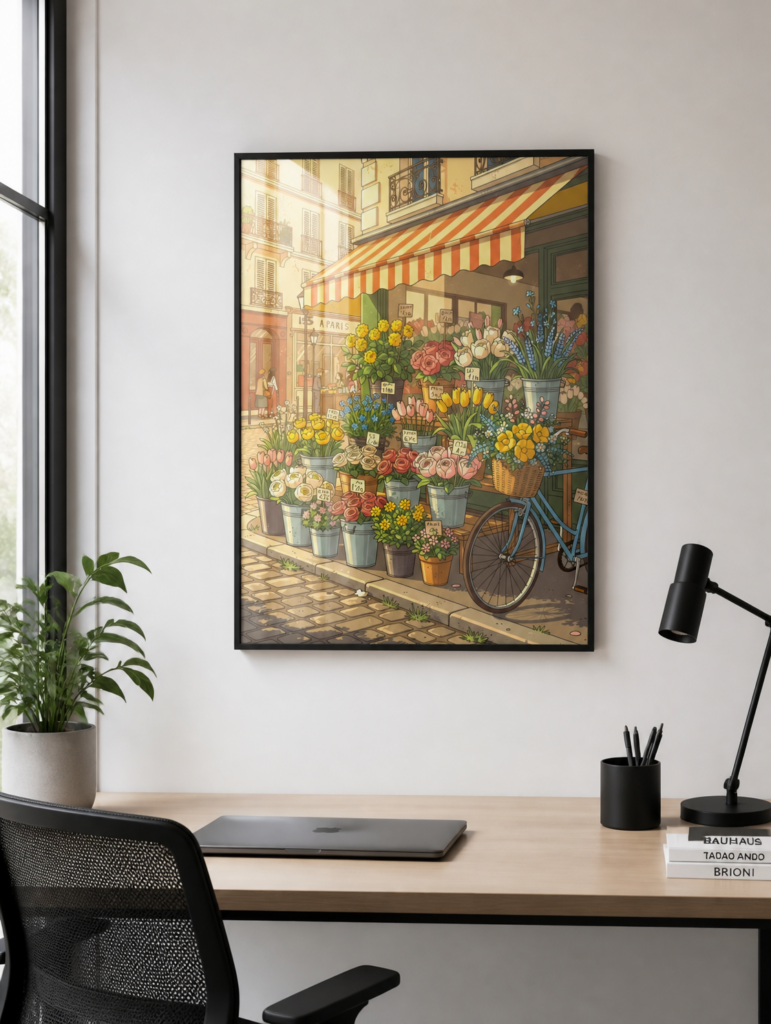 Paris Flower Shop Illustration Wall Art - Vintage French Florist Street Scene Print