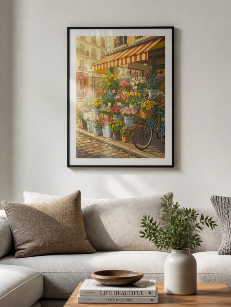 Paris Flower Shop Illustration Wall Art - Vintage French Florist Street Scene Print