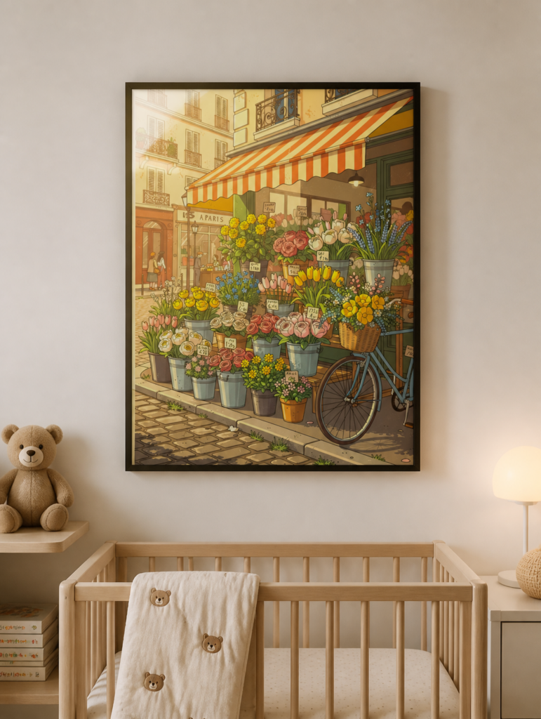 Paris Flower Shop Illustration Wall Art - Vintage French Florist Street Scene Print