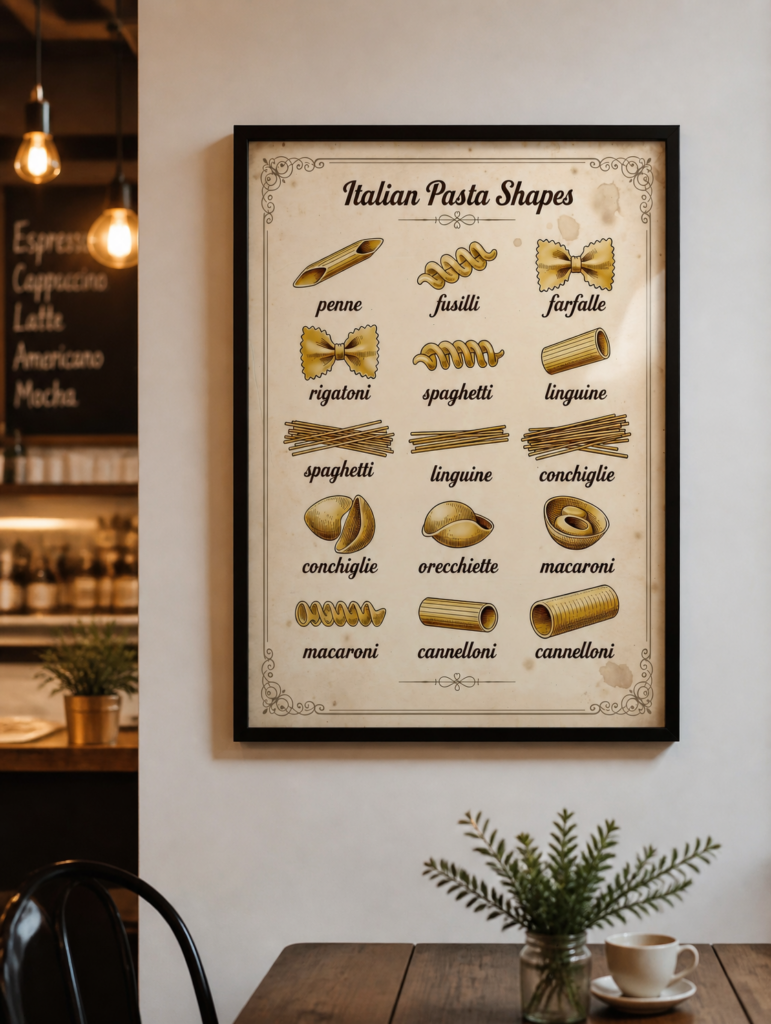 Italian Pasta Shapes Vintage Kitchen Wall Art Print - Pasta Guide Chart Poster