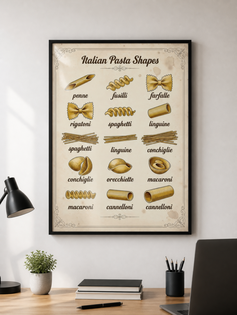 Italian Pasta Shapes Vintage Kitchen Wall Art Print - Pasta Guide Chart Poster