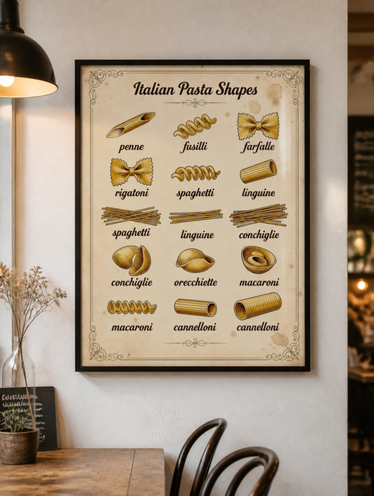 Italian Pasta Shapes Vintage Kitchen Wall Art Print - Pasta Guide Chart Poster