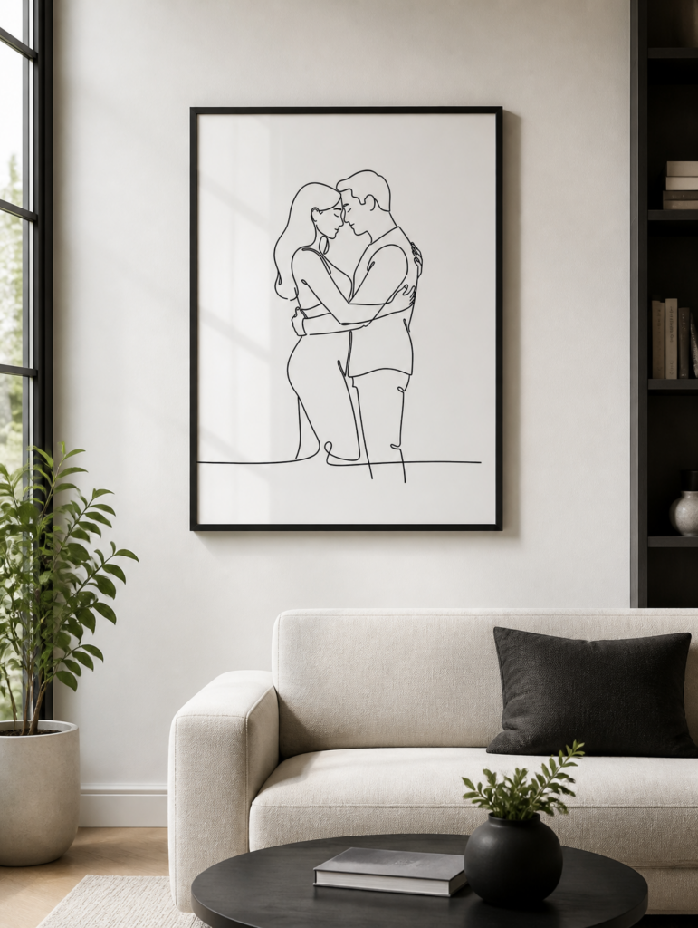 Minimalist Couple Embrace Line Art Print - Romantic Wall Art Poster