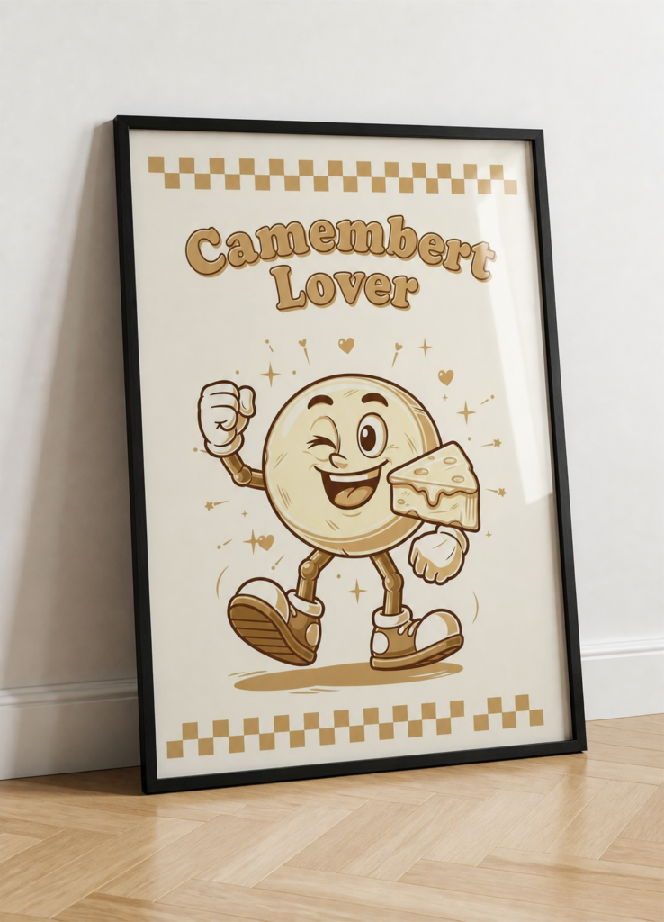 Camembert Lover Retro Cartoon Cheese Wall Art Poster - Vintage Kitchen Decor