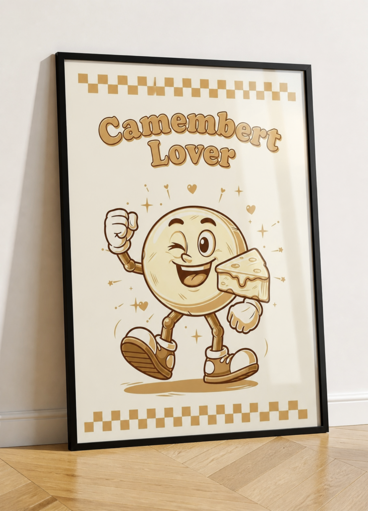 Camembert Lover Retro Cartoon Cheese Wall Art Poster - Vintage Kitchen Decor
