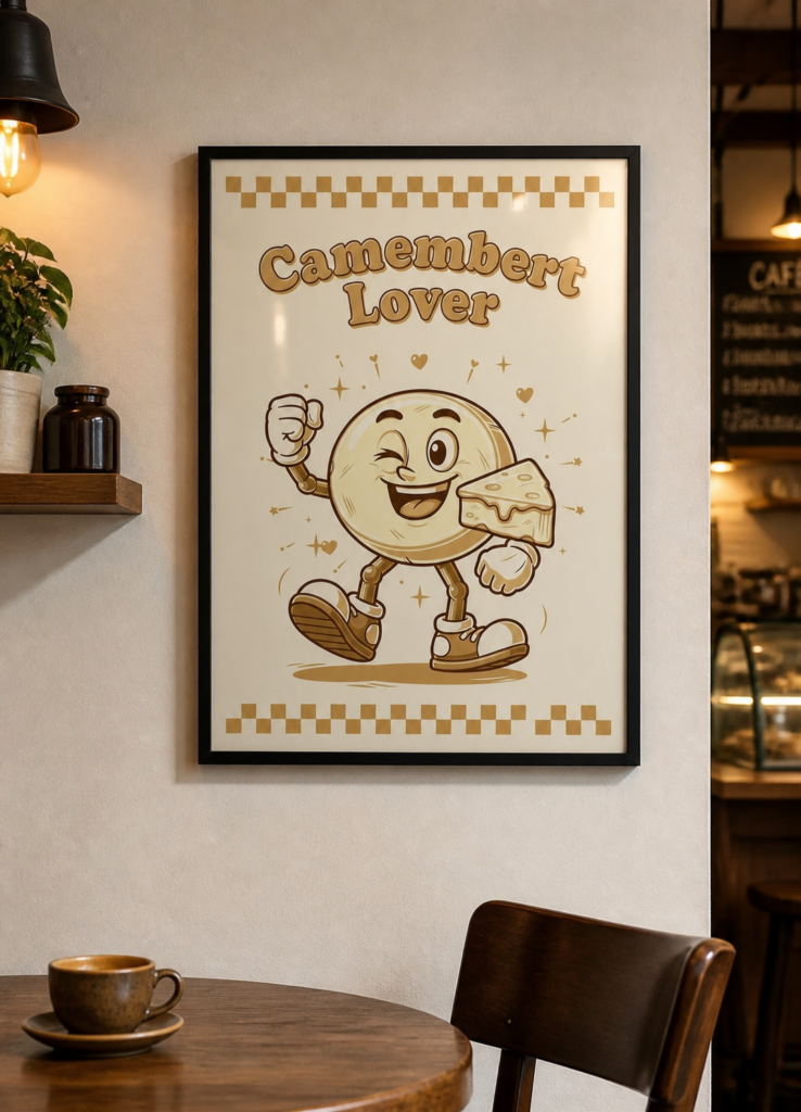 Camembert Lover Retro Cartoon Cheese Wall Art Poster - Vintage Kitchen Decor