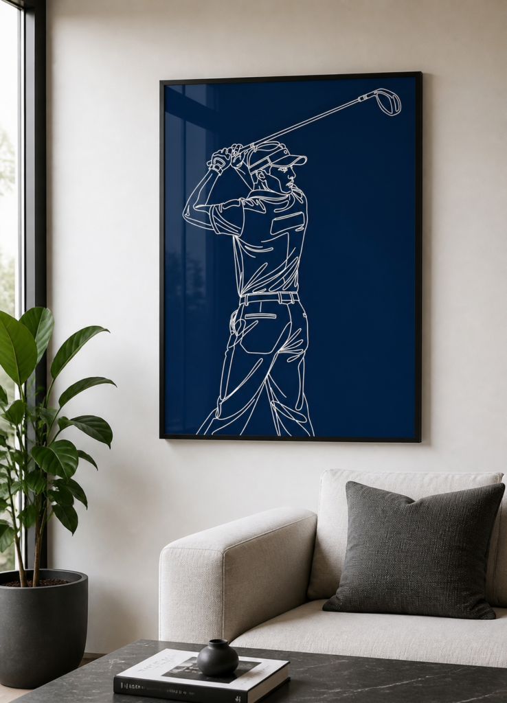 Golfer Line Art Poster - Minimalist Golf Swing Wall Art Navy Blue Print