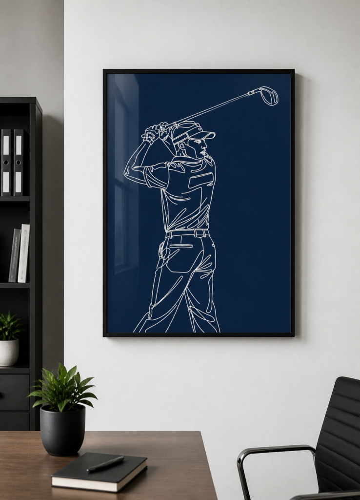 Golfer Line Art Poster - Minimalist Golf Swing Wall Art Navy Blue Print