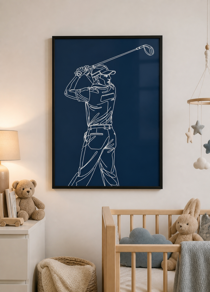 Golfer Line Art Poster - Minimalist Golf Swing Wall Art Navy Blue Print