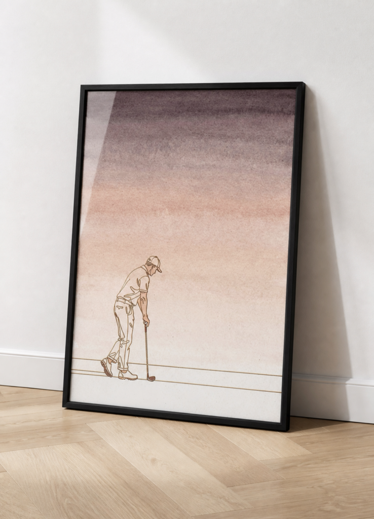 Minimalist Golfer Line Art Watercolor Wall Art Print