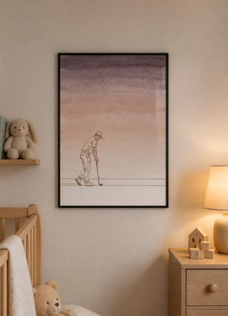Minimalist Golfer Line Art Watercolor Wall Art Print