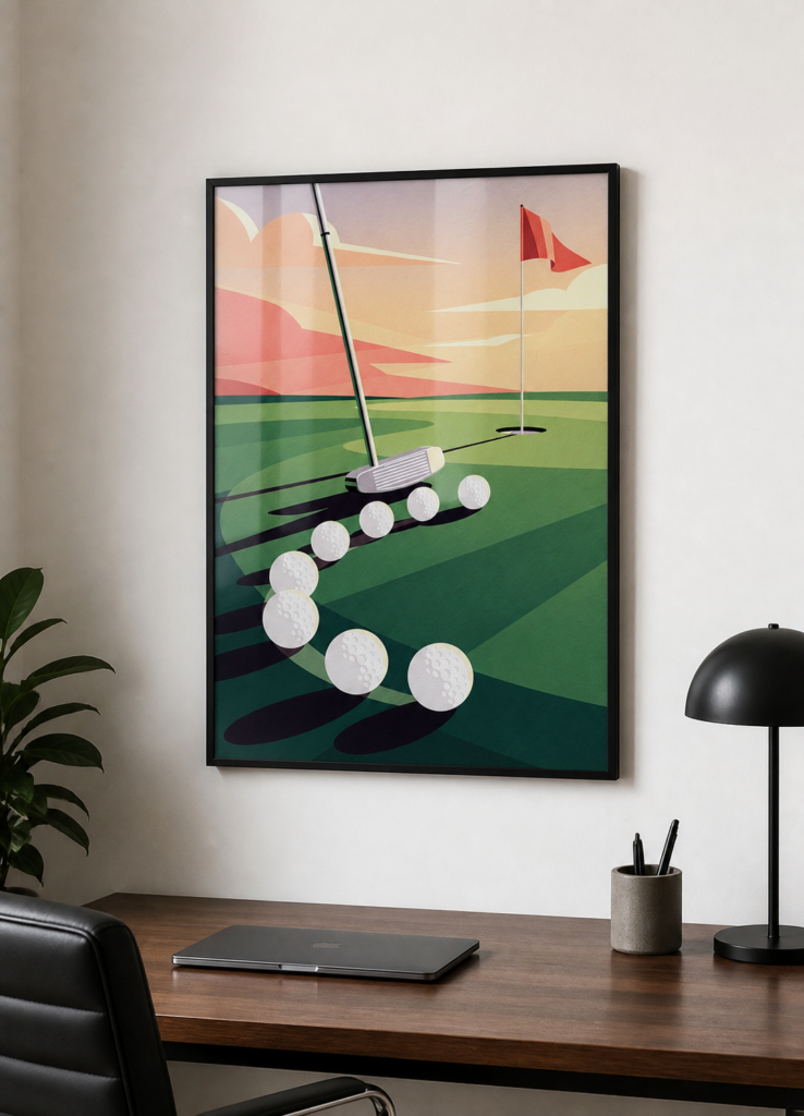 Vintage Golf Putting Green Art Deco Poster - Retro Golf Course Illustration Wall Art