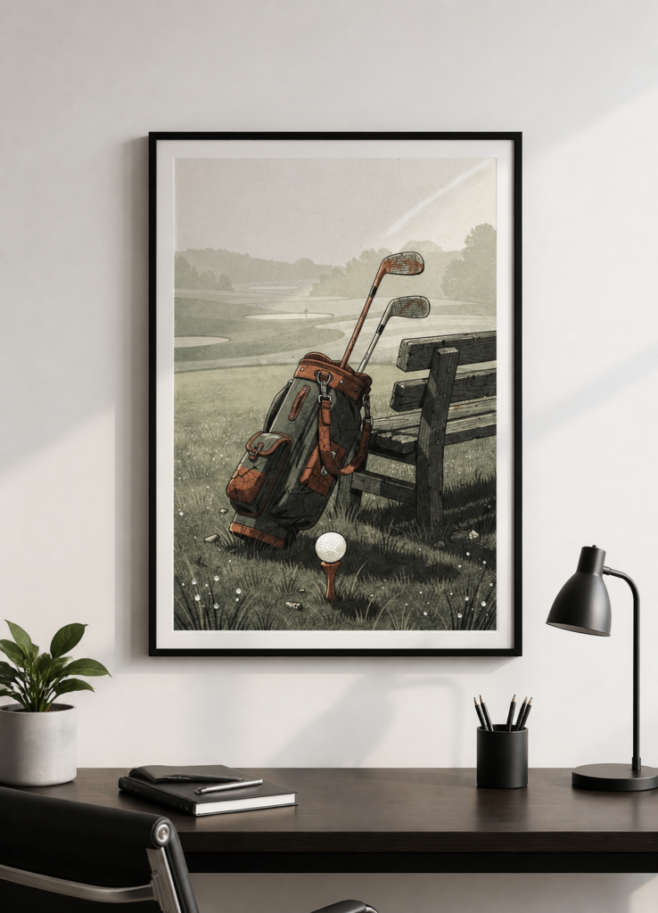 Vintage Golf Course Illustration Wall Art Print - Rustic Golf Bag & Bench Poster